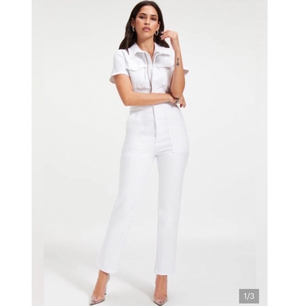Good American Fit For Success Jumpsuit Women 2 White Denim Short Sleeve Utility